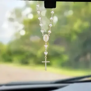car supplies 1pc Heart-Shaped Imitation Pearl Rosary Cross Hanging Ornament, Metal Religious Car Mirror Pendant Decoration