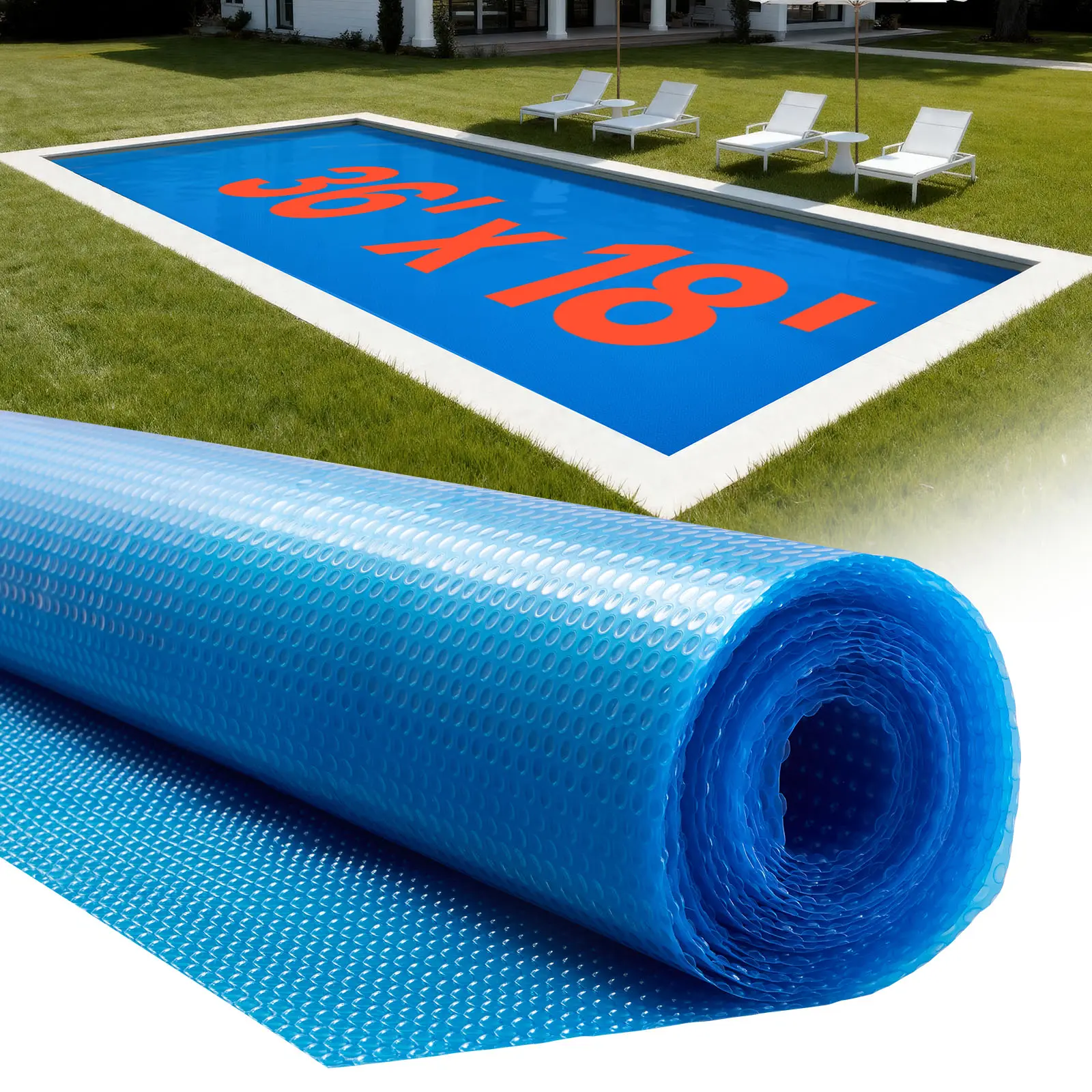 【Summerfinds】VEVOR Solar Pool Cover,36 x 18 ft Rectangle Pool Bubble Cover8 Mil Pools Solar Blanket with Bubble & PE MaterialDaytime Heat AbsorptionNighttime Heat RetentionHeat Retaining Solars CoversBlue