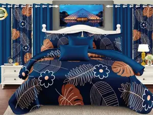Surprise! 9-piece home decor set (various patterns available): bedspread 1 + printed pillowcases 2 + curtains 6 (printed ×2, solid color ×4), all-season, suitable for home decoration, making the bedroom more beautiful