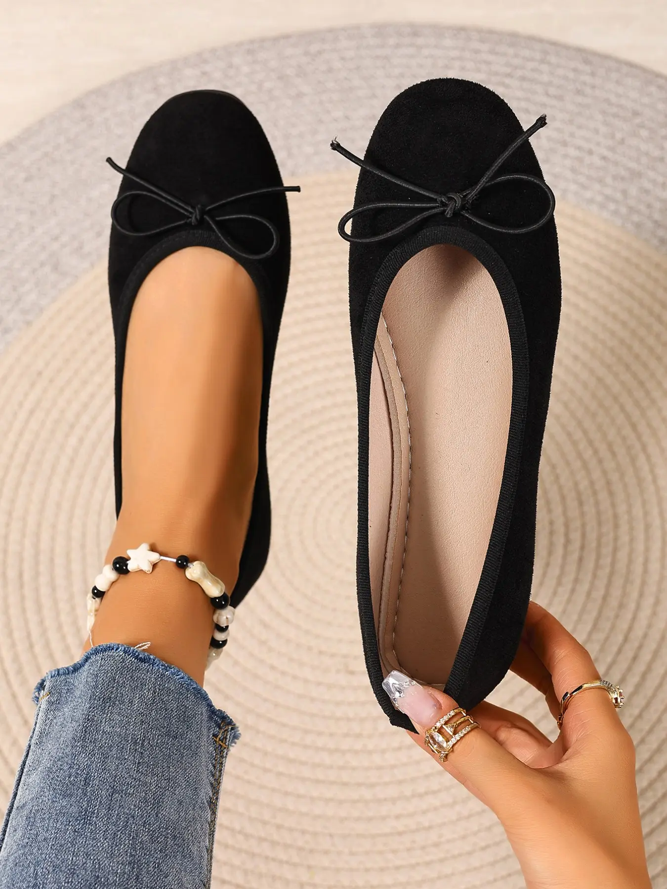 Women's Plain Velvet Bow Decor Round Toe Flat Shoes, Elegant Flats, Walking Shoes, Elegant Style, Comfortable Office and Date Shoes, Textile Upper, Rubber Sole, Footwear