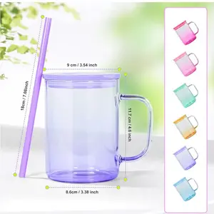 Glass Van 18cm 7.09inch Clear Glass Mug with Purple Handle and 9cm 3.54inch Plastic Straw Ideal for Drinks Drinkware