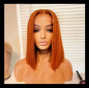 14 inches bob wig human hair 100%13×4 lace front human hair Wigs Ginger Orange Brazilian bone straight lace front wigs .