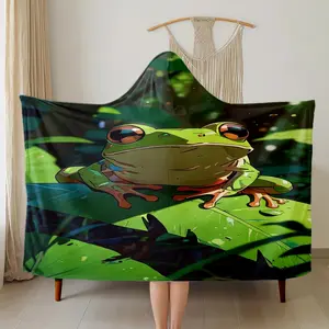 1pc Rainforest Frog Hooded Flannel Blanket, High Definition Digital Print, Wearable Plush Hoodie, Soft Comfortable Warm Material