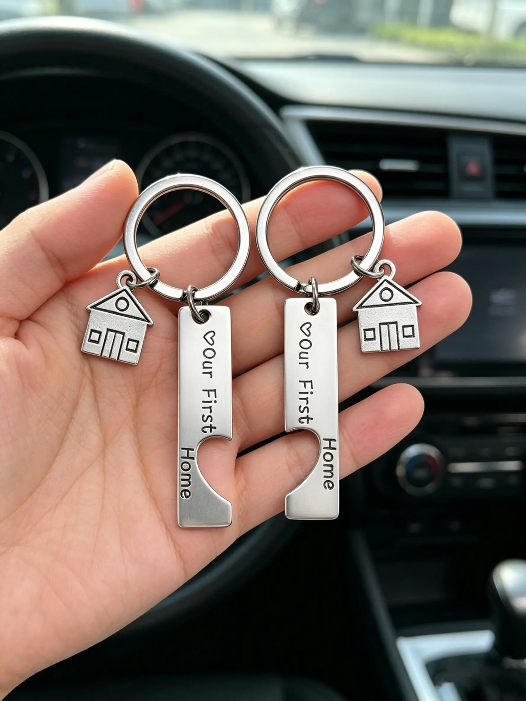 New Home Memorial Keychain, Stainless Steel Car Key Ring, Geometric Design, Couples Moving in Gift, Elegant Fashion Accessory, Stylish Keychain, Stylish Keyring