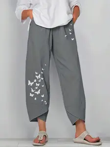 【Plus Size】 Butterfly Print Pants, Casual Comfy Trousers for Daily Holiday Vacation Wear, Women's Bottoms for Summer, Casual Street Trousers