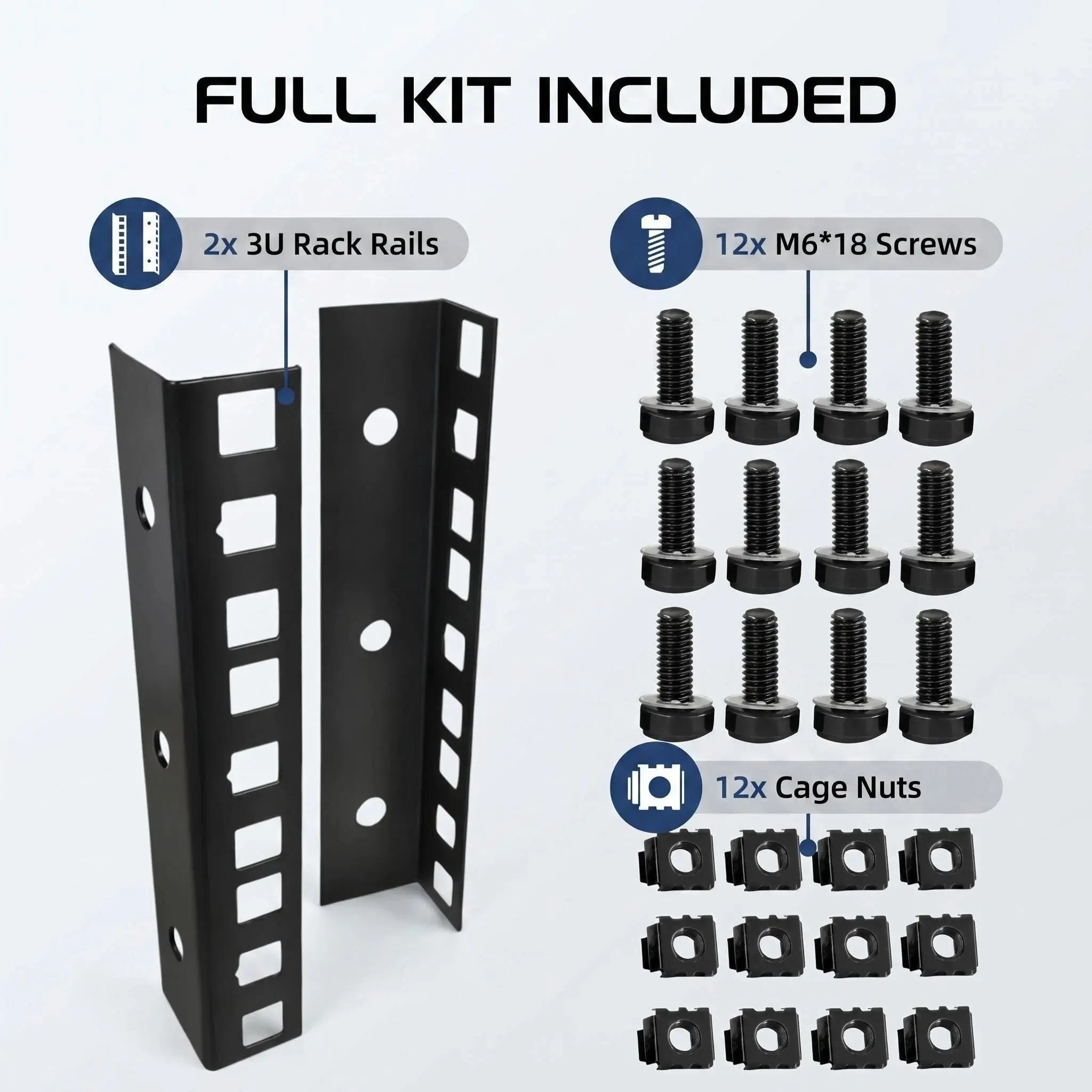 Professional 3u Rack Rail Kit, Dual Rails + 12 Sets M6*18 Screws Nuts, Ideal for Studio Audio Equipment, DIY Enthusiasts, Home Studios