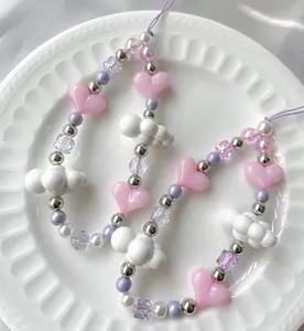 Kawaii Clouds Pink Heart Beaded Phone Strap, Kpop Key Charm, Fairycore Pink and Purple theme, gift for her, party favor