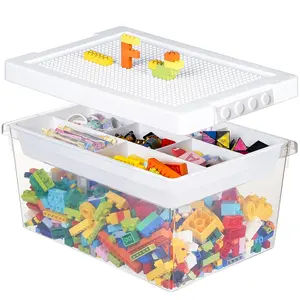 Plastic Storage Bins with Lids - 1 Set Stackable Arts Crafts Organizer Box with Removable Divided Tray &Compatible Building Baseplate,Toy Chest Containers for Bricks -White(14.37"x9.64"x6.69")