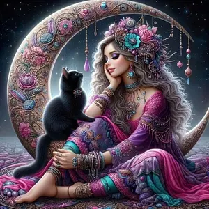 5D DIY Full Drill Round Diamond Painting - Diamond Painting Kit Black Cat Moon Mosaic Canvas DIY Wall Art, Home Wall Decoration, Suitable for Halloween, Christmas, Birthday, and Anniversary Gifts