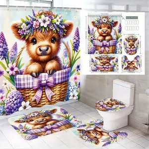 1/4pcsFloral Calf Wicker Basket Shower Curtain Set with Purple White Flowers, Easter St Patrick's Day Themed Bathroom Decor, Includes Toilet Seat Cover & 2 Bath Mats for Whimsical Bathroom Accents