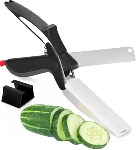 Cutting Board Scissors - 2 In 1 Stainless Steel Vegetable Scissors Cutting Board Knife, Dishwasher Safe, Safety Lock, Rust Resistant - Sharp Kitchen Scissors for Vegetables & Fruits