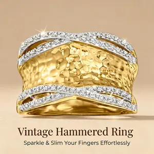 Eye-catching two-tone hammered cross ring, wide copper band set with cubic zirconia, vintage luxury jewelry