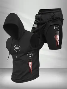 Men's Summer Casual Set, Trendy Flag Print Design, Includes Hooded Tank Top, Short Sleeve T-Shirt, Sport Basketball Shorts