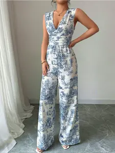 Women's Floral Print Sleeveless V-Neck High-Waisted Wide-Leg Romper, French Vintage Slimming Style, Daily Commute Casual Wear