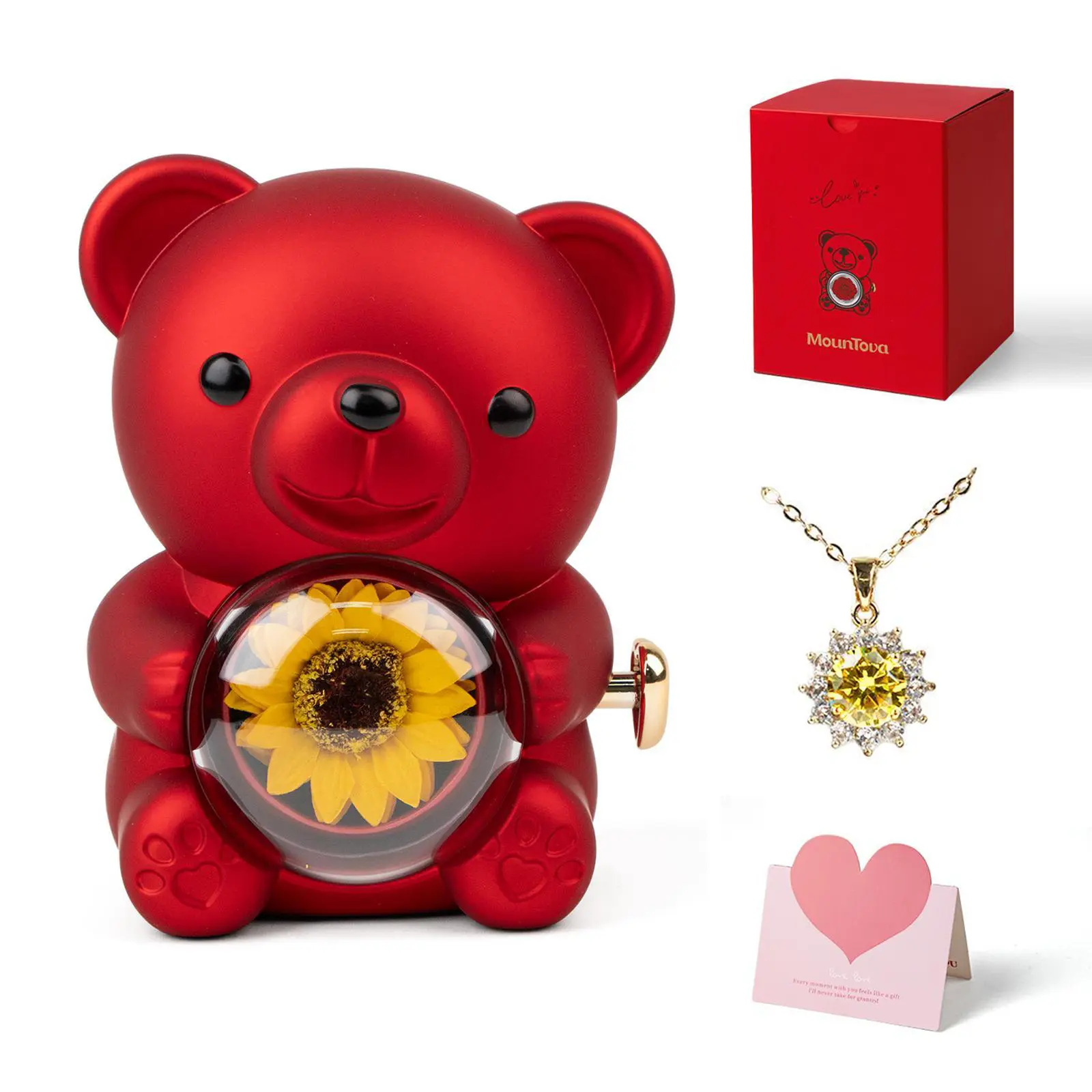 red sunflower bear+necklace+gift bag+card