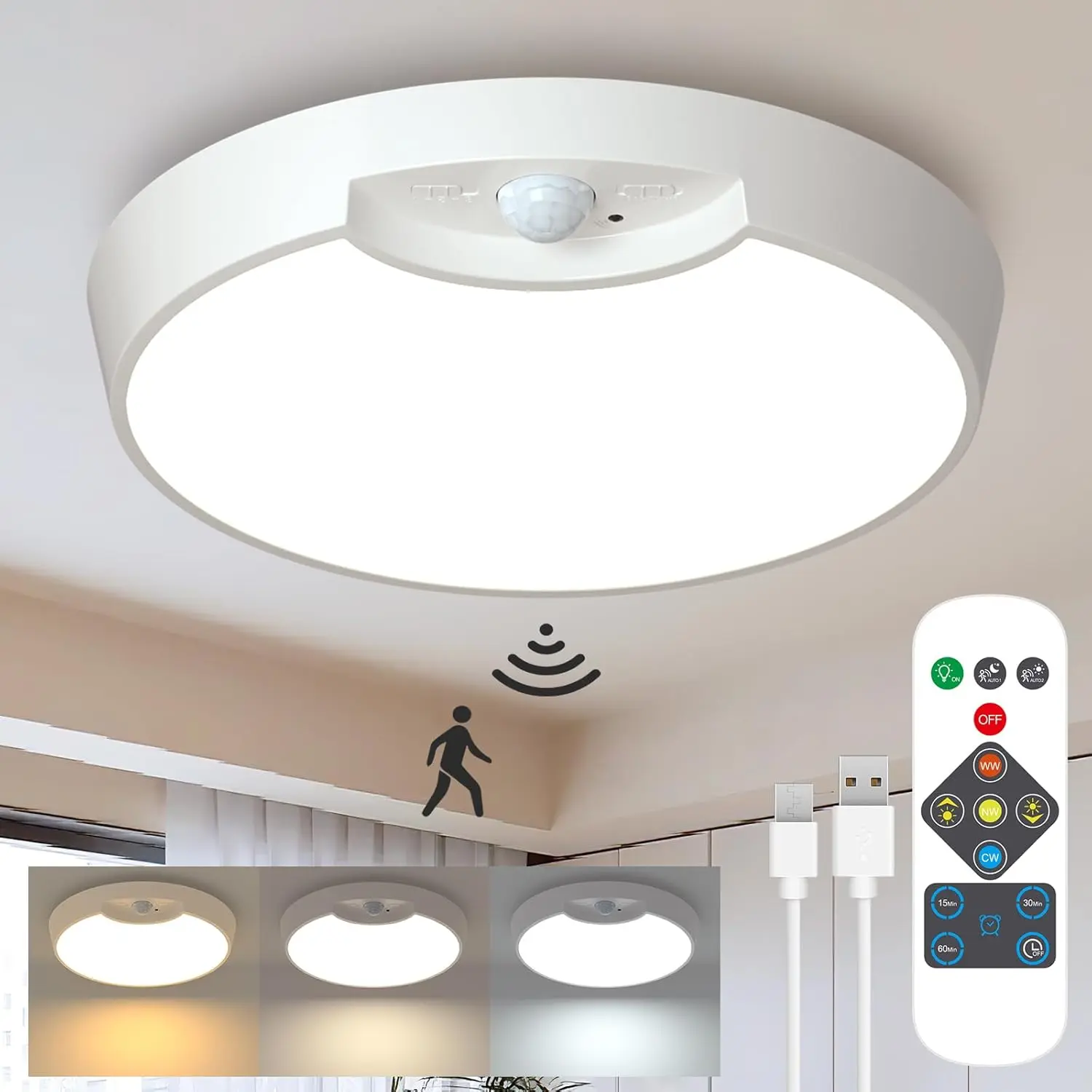 [Summer Finds] Rechargeable Motion Sensor Light w/ Remote - 8000mAh Battery Operated Ceiling Light | Wireless New Light Indoor for Closets, Shower, Stairs Dimmable Lighting Adjustable Lighting,[Summer Bibes]