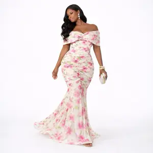 Petal Whisper Mesh Dress - Off-Shoulder Floral Print, Stretch Fabric, Ruched Waist, Mermaid Hem, Elegant Fit for Special Events