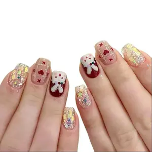 Easter Press on Nails Short Square Fake Nails with Glue Glitter False Nails Press Ons - 24 Pcs with Heart Bunny Design, Full Cover Nail Tips