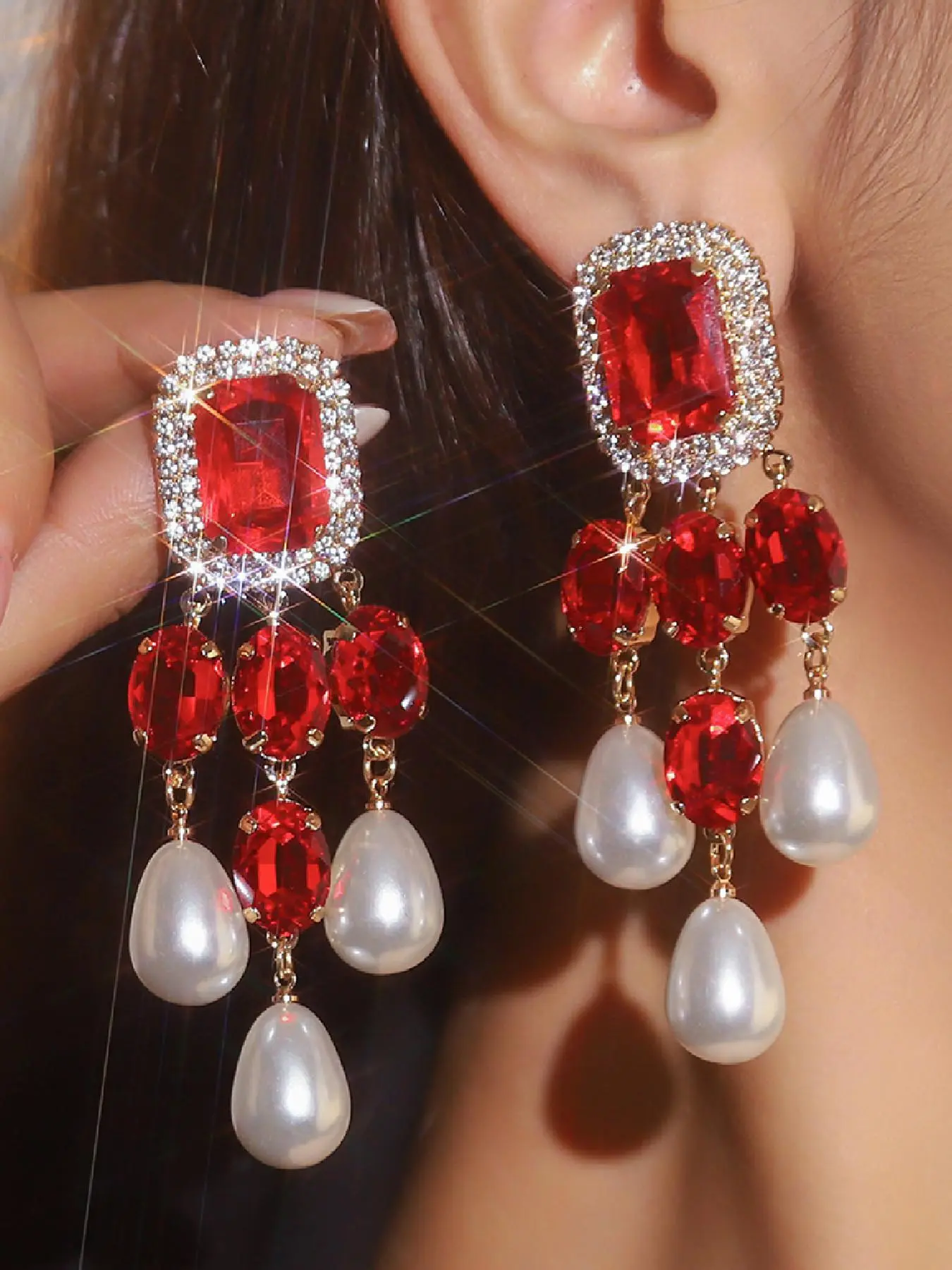Fashionable Crystal & Faux Pearl Decor Dangle Teardrop Earrings, Elegant Jewelry for Party, Daily Clothing Decor, Trendy All-match & Exquisite Jewelry for Birthday Gift
