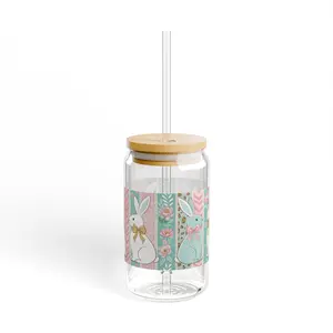 Charming Bunny Sipper Glass - Reusable Spring Water Bottle with Lid & Straw, Cute Easter Decor, Eco-Friendly, Bunny Themed Gift Beverage Stylish Drinkware Tumbler Cup Mug Bottled Washable Portable