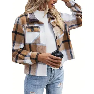 Flannel Women's Short Shackle Jacket Fashion Plaid Button Shirt 2024 Autumn Coat Top