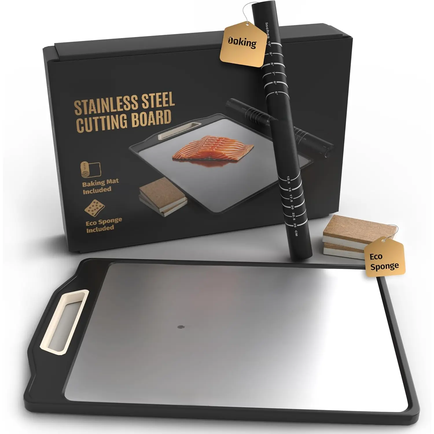 Stainless Steel  Board Set - 3-in-1 Double-Sided Chopping Board for Kitchen - Large Size Metal Meat Board 16"x11" - Healthy Wheat Straw - Dishwasher Safe - Baking Mat & Eco Sponges Added