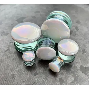 PAIR of Unique White Pearl Design Pyrex Glass Double Flare Plugs