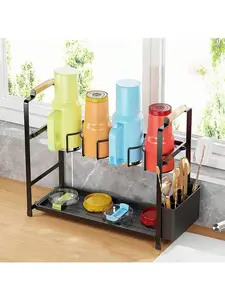 【Christmas Gift】Water Bottle Organizer Holder,Carbon Steel 2-Tier Cup Holder With Tray For Small Kitchens And Countertops,Kitchen Organizer And Cup Accessory Storage Rack Wooden Box Black Cabinet Decor Installation Marble Rubber
