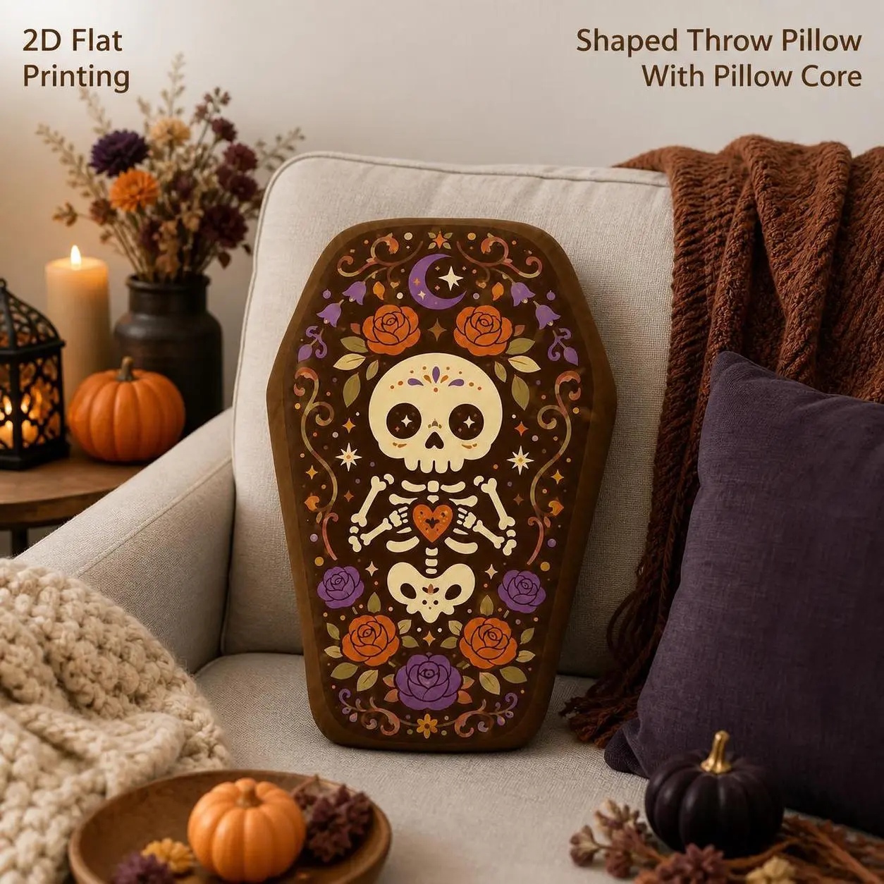 Halloween Skeleton Coffin 2D Flat Printing Shaped Stuffed Throw Pillow Decorative Cushion Pillow with Floral Skull Roses Moon, Gothic