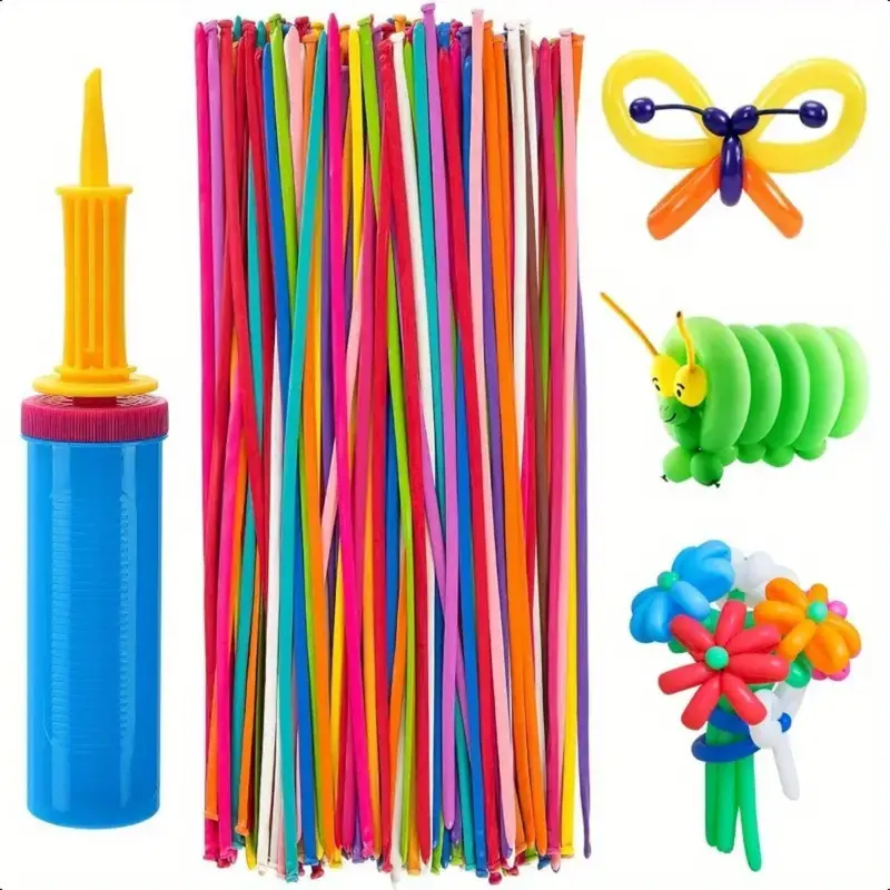 100 pcs latex twisted long balloon set with manual pump for making fun balloons, suitable for parties, festivals, gatherings, Christmas, birthdays, wedding decorations