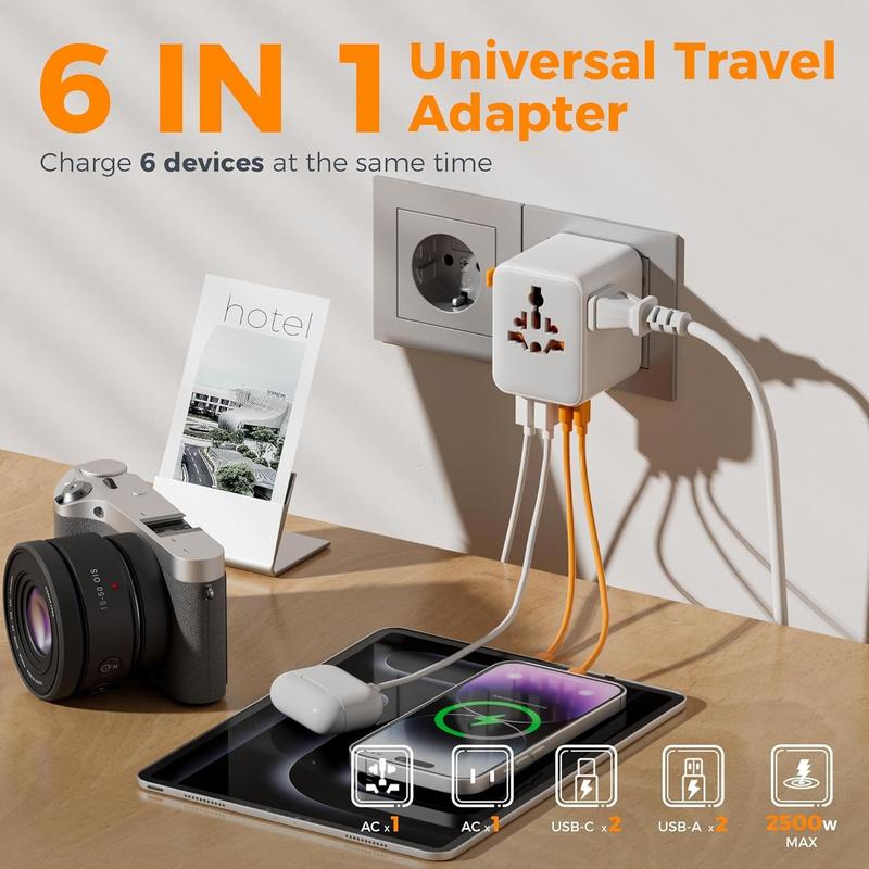 F-APT33  Universal Travel Adapter, Power Adapter Worldwide with Extra 2 Prong AC Outlet, 4 USB Ports (2 USB C), International Plug Adaptor for US to Europe Italy UK Australia Ireland (Type C G A I)