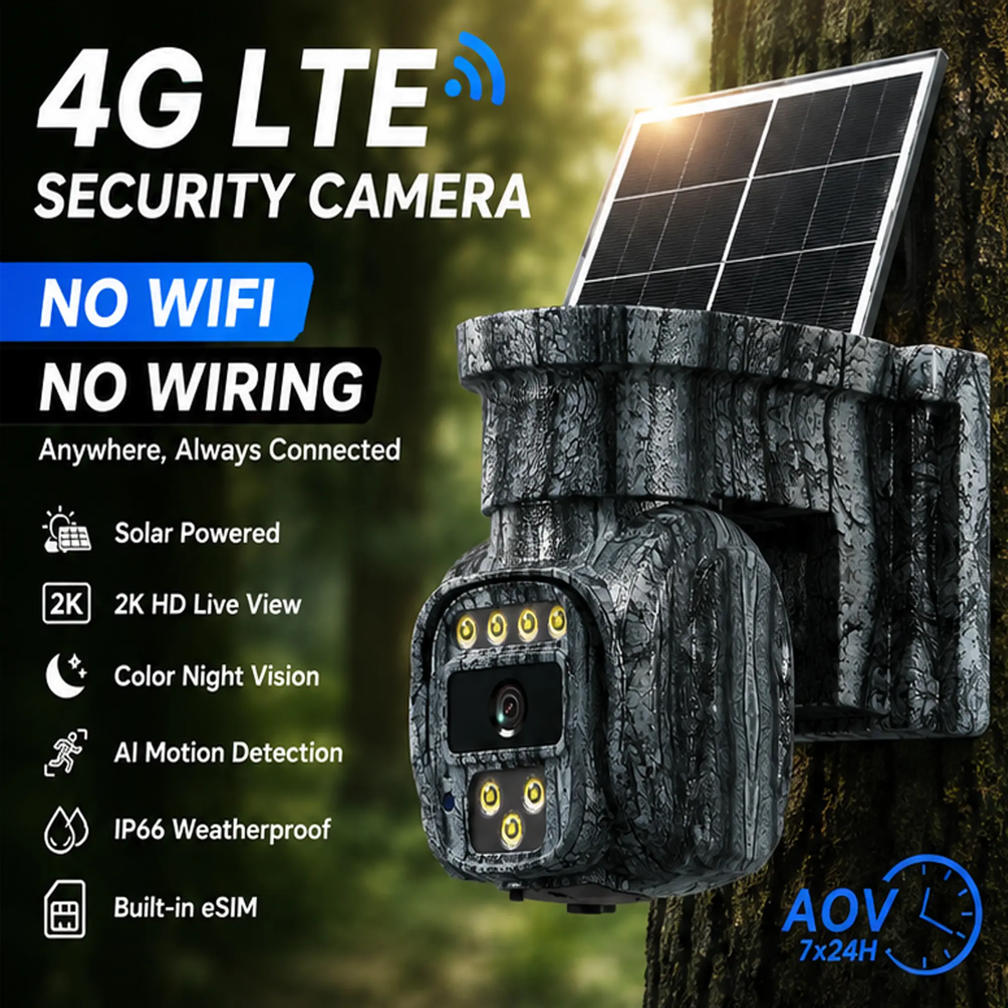 RUNOFAST 4G LTE Trail Camera for Outdoor Security, No WiFi Cellular Camera with AOV Technology, 2K HD, AI Motion Detection, 360° PTZ, Night Vision, Solar Powered, Camouflage Design, 32GB SD Card, Cellular Data Replenishment Required