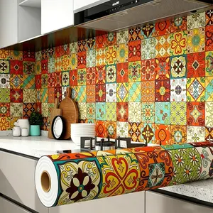 Vintage Boho Moroccan Tile Peel and Stick Backsplash, Removable Heat Resistant Waterproof Oilproof Contact Paper, Colorful Floral Kitchen Decor Sticker for Stove Cabinets Countertop 40×500cm 15.8×196.85in