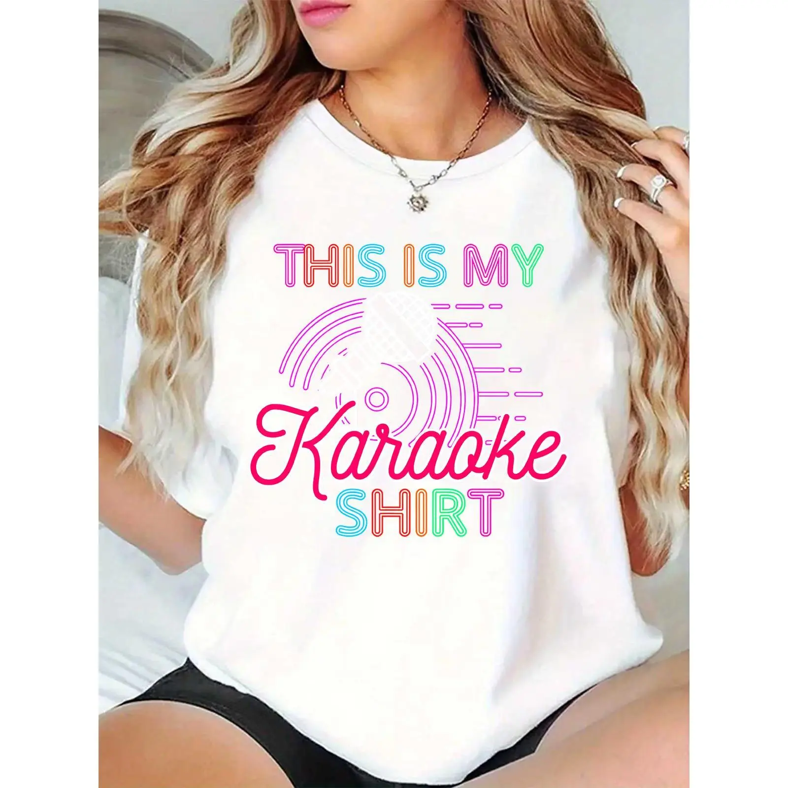 Women's Colorful "This Is My Karaoke Shirt" Microphone Graphic T-Shirt, Casual Short Sleeve Tee for Karaoke Parties, Daily Wear & Music Enthusiasts 100% Cotton T-shirt