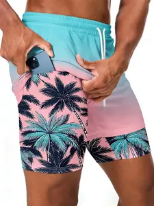 Men's 2‑in‑1 Compression Liner Swim Shorts, Pink‑Blue Gradient Coconut Palm Tree Print, Quick Dry Drawstring Waist, Casual Summer Beach Surfing Board Shorts, Swimwear Shorts