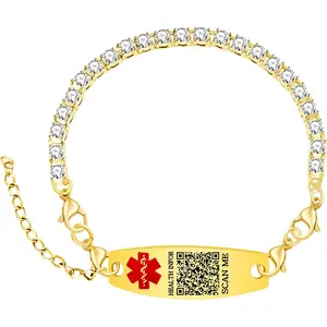 Editable QR Code Medical Alert Bracelet, 18K Gold Plated Stainless Steel Rhinestone Emergency ID Bracelet with Red Medical Symbol, Double Lobster Clasp, Scan to Update Health Info