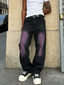 Street Style Gradient Dye Washed Denim Jeans, Essential Streetwear Loose Straight Leg Jeans, Cool and Tough Atmosphere
