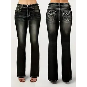 Women's Embroidered Stretchy Stylish Casual Flared Leg Jeans - Rayon-Spandex Blend Fabric, All-Season Black Multi-Size Women's Bottoms