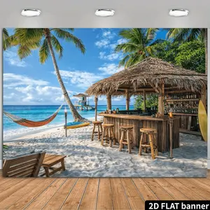 1PC Flat 2D Wall Backdrop Cloth Banner - Summer Beach Scene Thatched Bar Decor Hanging Cloth, Vacation Coconut Tree Hammock Party Festival Atmosphere-Creating Background Curtain