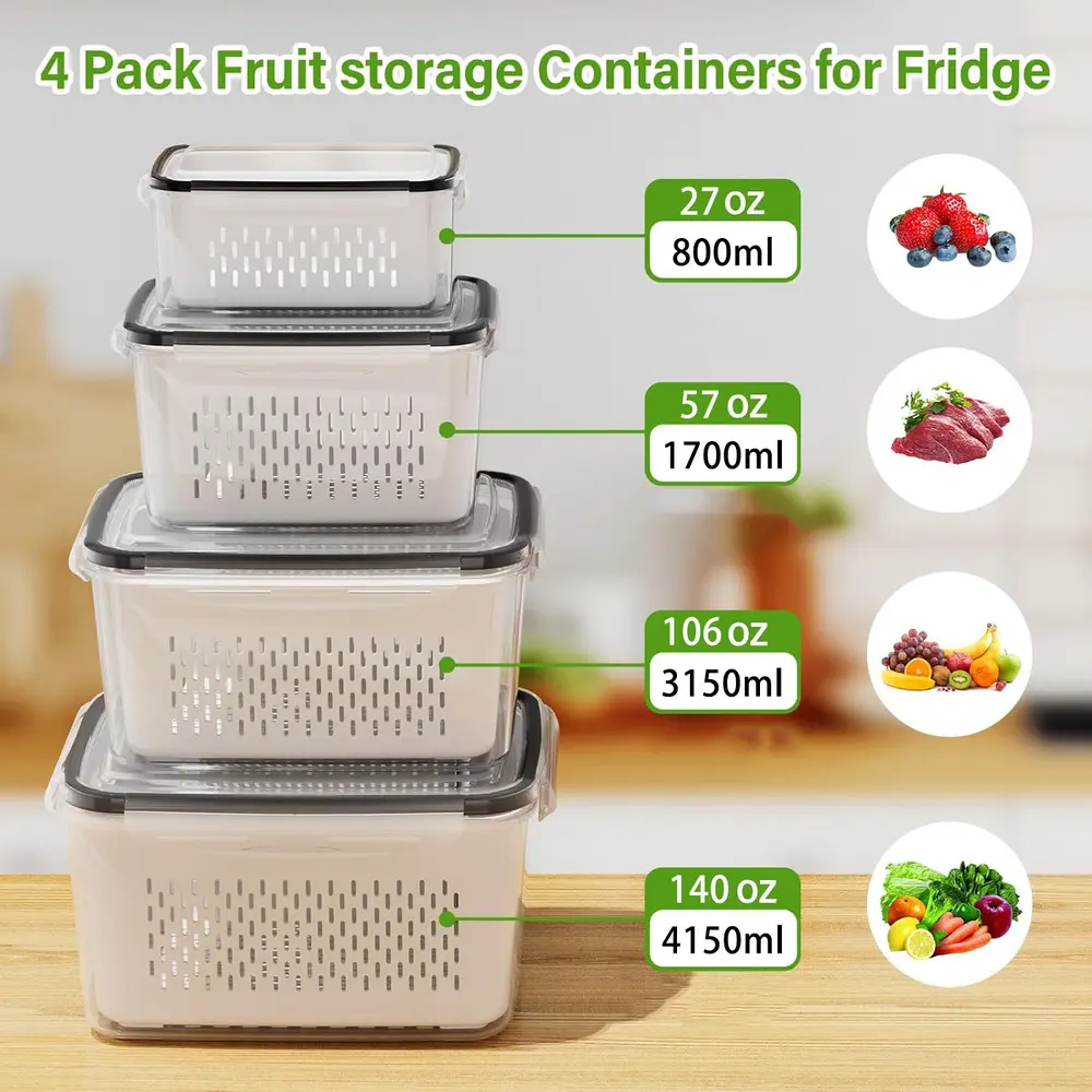 2/4/6 Set Dual Layer Drain Fridge Storage Containers, Clear Compartment Airtight Fruit Crisper Organizer Bins with Waterproof Secure Seal, Food Safe Plastic Tubs for Meal Prep & Snacks, for Kitchen Countertop, Essential Household Dispenser Containers