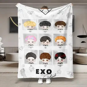 Exo Idol Support Flannel Blanket, Soft Plush Cartoon Design, Perfect for Sofa Bedding, Ideal Gift for Fans, Warm and Cozy
