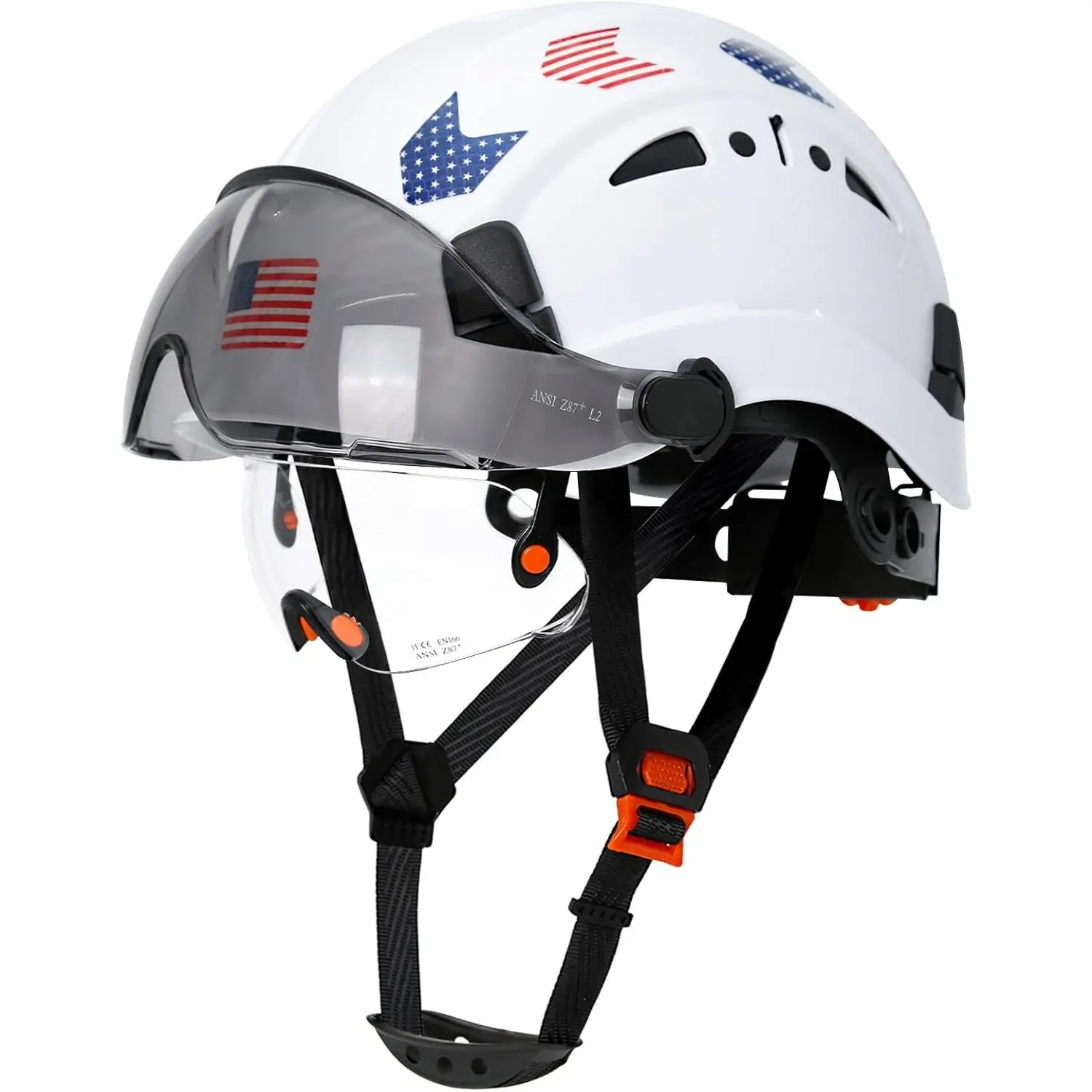 Full Brim Safety Hat - Clear-Tinted Dual Visor, Adjustable Cooling Vents, 6-Point Ratchet, Chin Strap, Reflective Stickers - All Seasons for Gardening, Climbing, Workshop Work