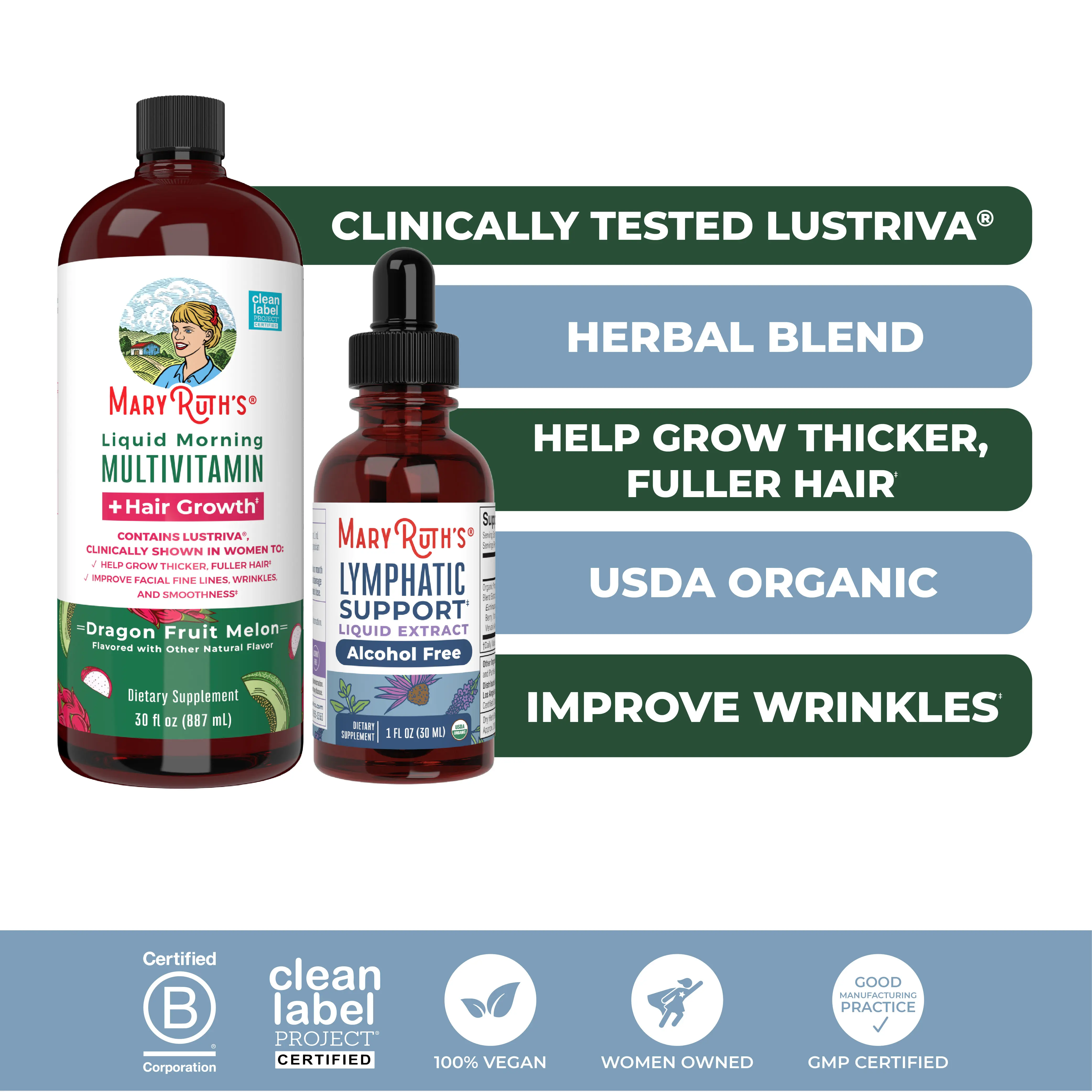 MaryRuth's Daily Multivitamin + Hair & Lymphatic Support Bundle - Liquid Morning Multivitamin + Hair Growth Dragon Fruit Melon 30 oz - Lymphatic Support Herbal Blend 1oz