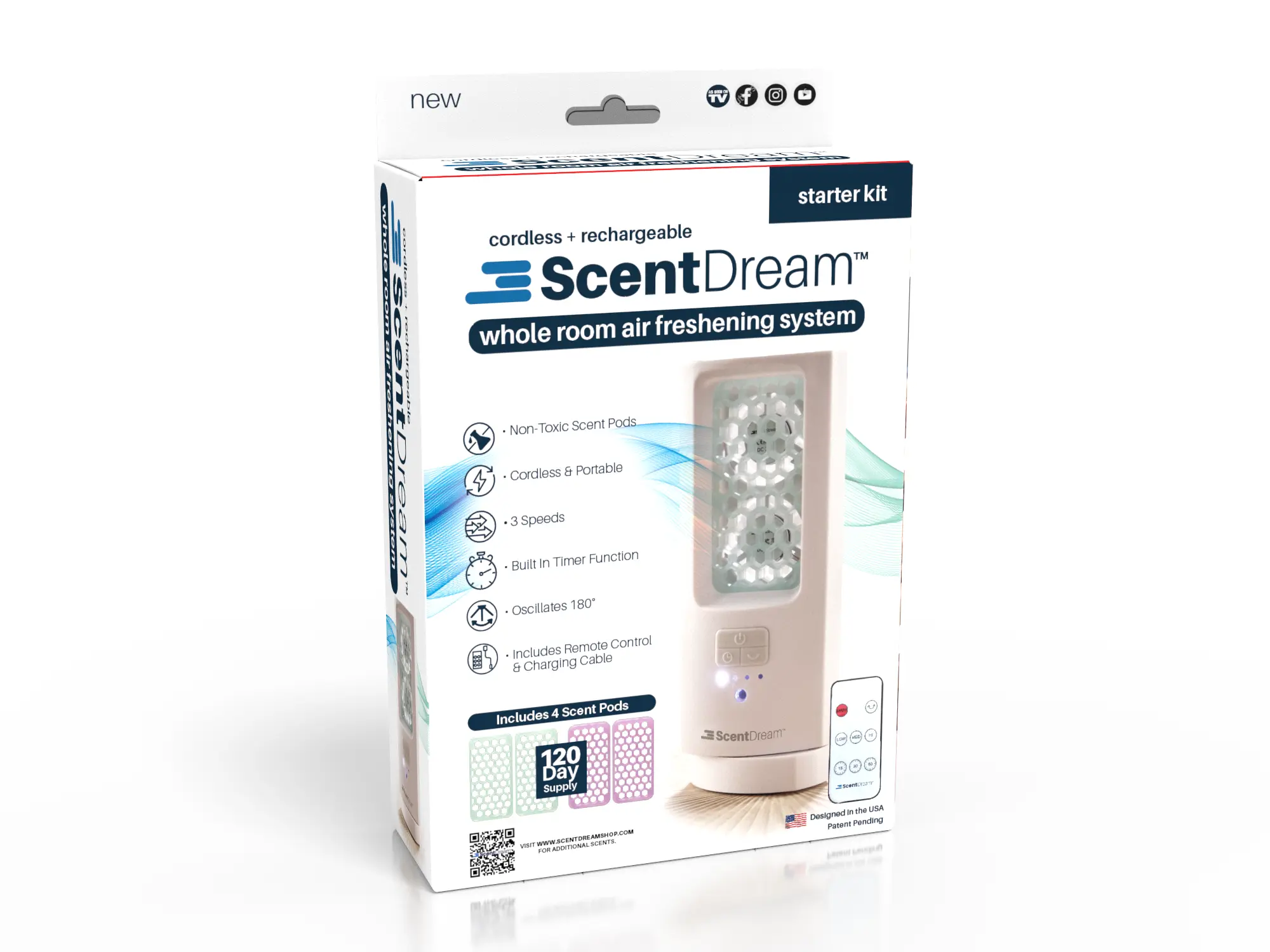 ScentDream Starter Kit Cordless Rechargeable Air Freshening System Non Toxic Aroma Pods Oscillates 180° Includes Remote Control and 4 Scent Pads Refills 120 Day Supply Home Bathroom Patent Pending