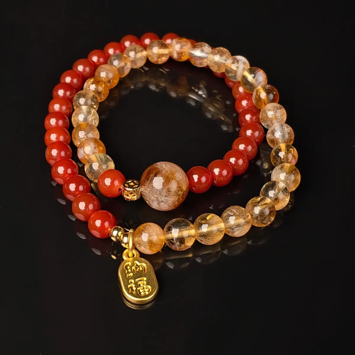 Liuying Crystal Female Mixed Beads Bangle Bracelet - Natural Stone Red Agate, Huangta Crystal Design for Casual Wear