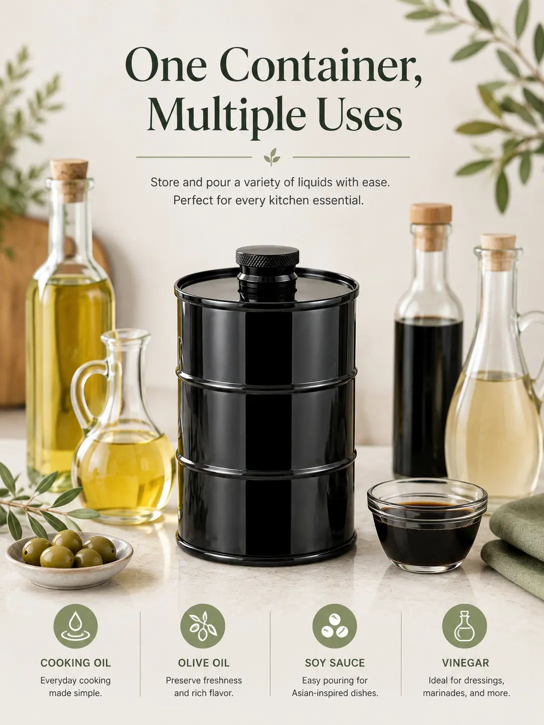 Black Barrel Shaped Stainless Steel Oil Dispenser Bottle, 330ml Leak Proof Metal Oil Storage Can with Sealed Screw Lid, Anti-Scratch Kitchen Oil Container for Cooking Oil, Olive Oil, Vinegar & Soy Sauce