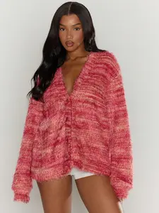 Fuzzy Button Front Cardigan - Oversized Long Sleeve Shaggy Knit Women's Cozy Layering Sweater for Y2K Fashion