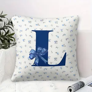 Elegant Dark Blue Letter 'L' Throw Pillow with Glossy Blue Bow, Digital Print Cushion with Pillow Core, 45cm Square Decorative Pillow, Cream Floral Pattern Background, Soft and Stylish Decor for Living Room and Bedroom, Perfect for Festive Occasions.