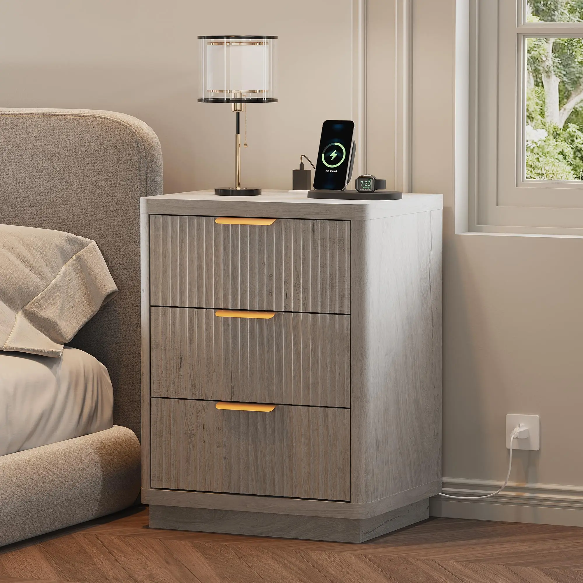 GAOMON Modern Farmhouse Mid-Century Wood Rectangle Pedestal Nightstand - 3-Drawer Minimalist & Practical Modern Furniture Bedroom Bedside Table with Charging Station and Metal Handle