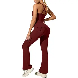 UOUA Women's 2 Piece Workout Sets Cami Racerback Tank Cargo Flare Leggings with Pockets Gym Yoga Outfits